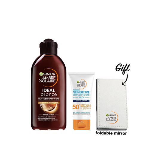 Ambre Solaire Ideal Bronze Tanning Oil + Sensitive Advanced UV Gel Face Cream + FREE Pocket Mirror - Medaid