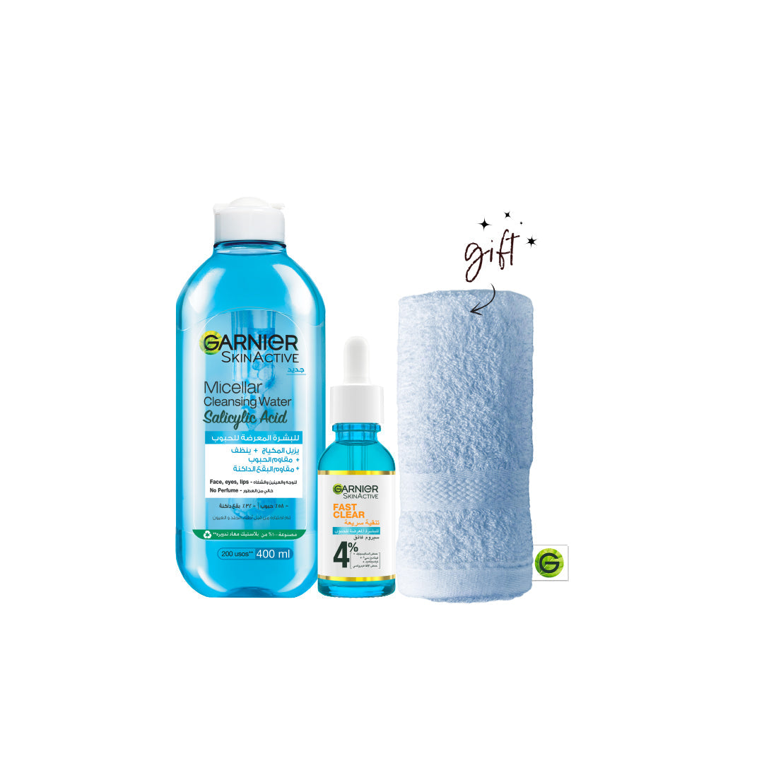 Garnier Fast Clear Anti-Acne Serum & Micellar Water Bundle + Towel Gift - Medaid - Lebanon