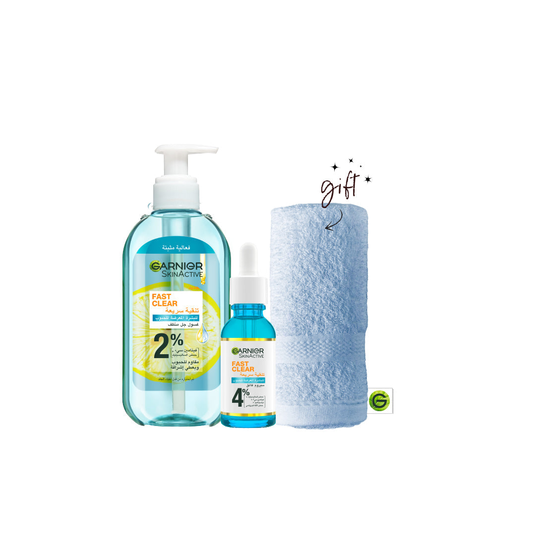 Garnier Fast Clear Anti-Acne Serum & Gel Wash Bundle + Towel Gift - Medaid - Lebanon