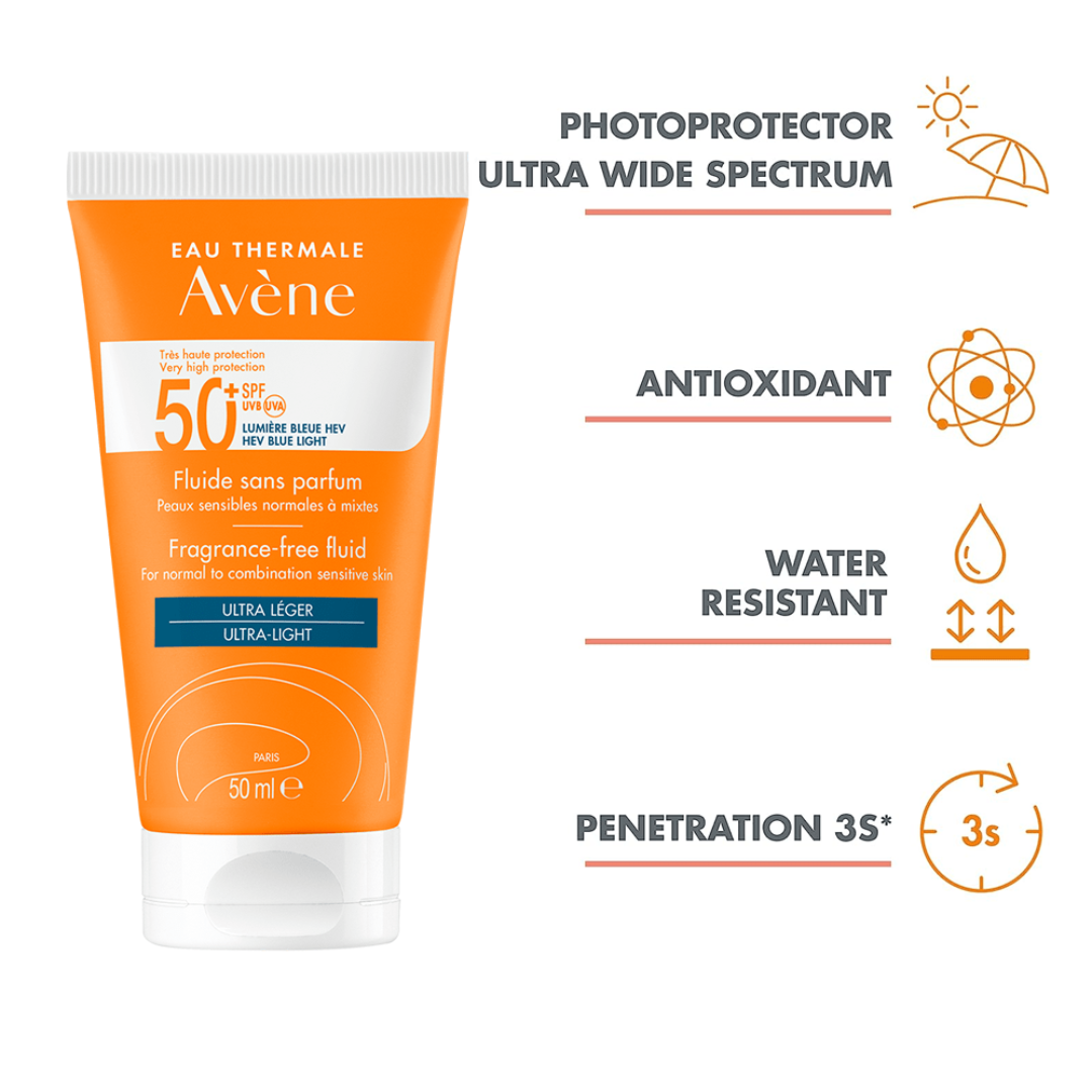 Avène Ultra Broad Spectrum Spf50+ Fragrance Free Fluid For Normal To Combination Sensitive Skin - Medaid - Lebanon