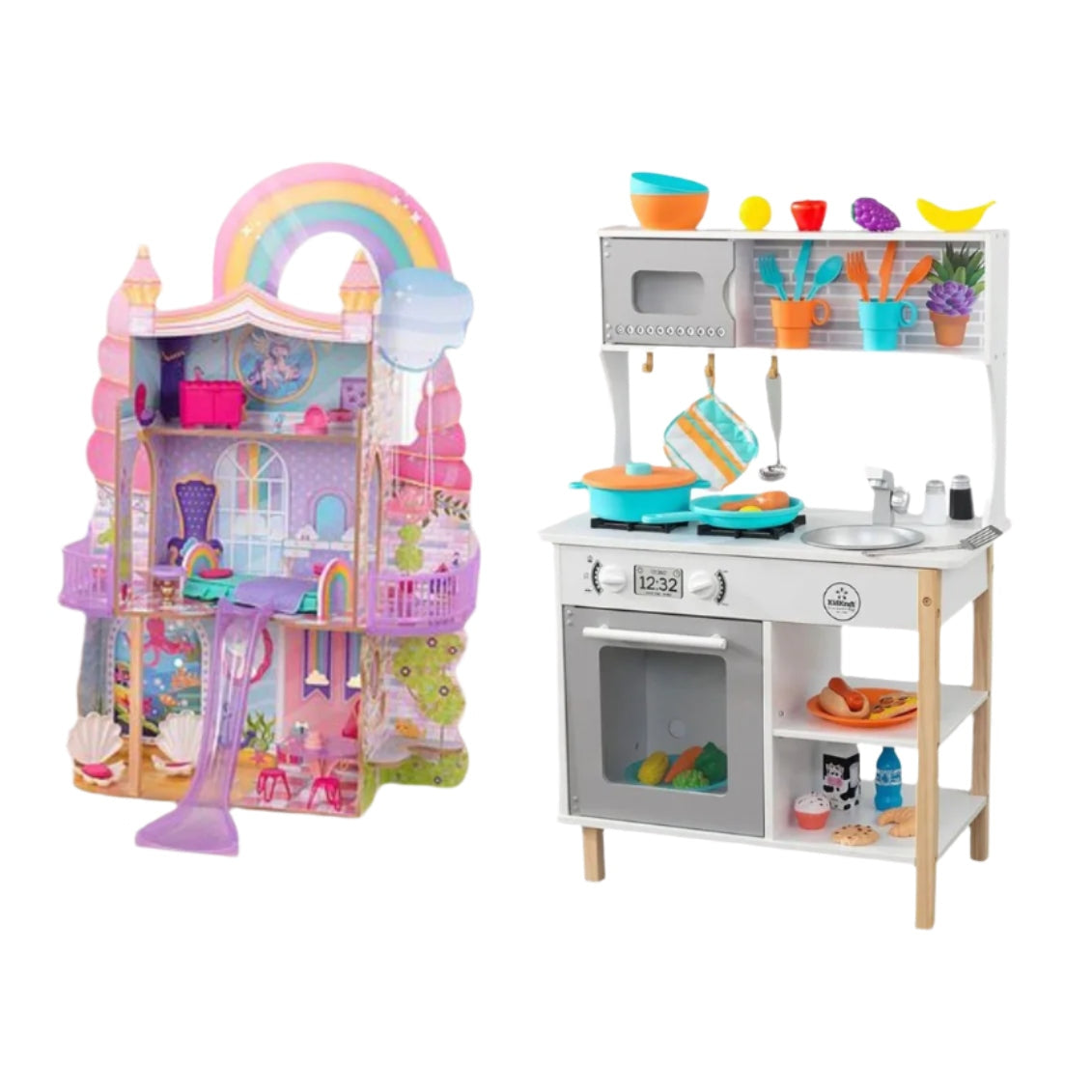 KidKraft Rainbow Dreamers Unicorn Mermaid Dollhouse + Kidkraft All Time Play Kitchen With 38 pcs Accessories - Medaid International