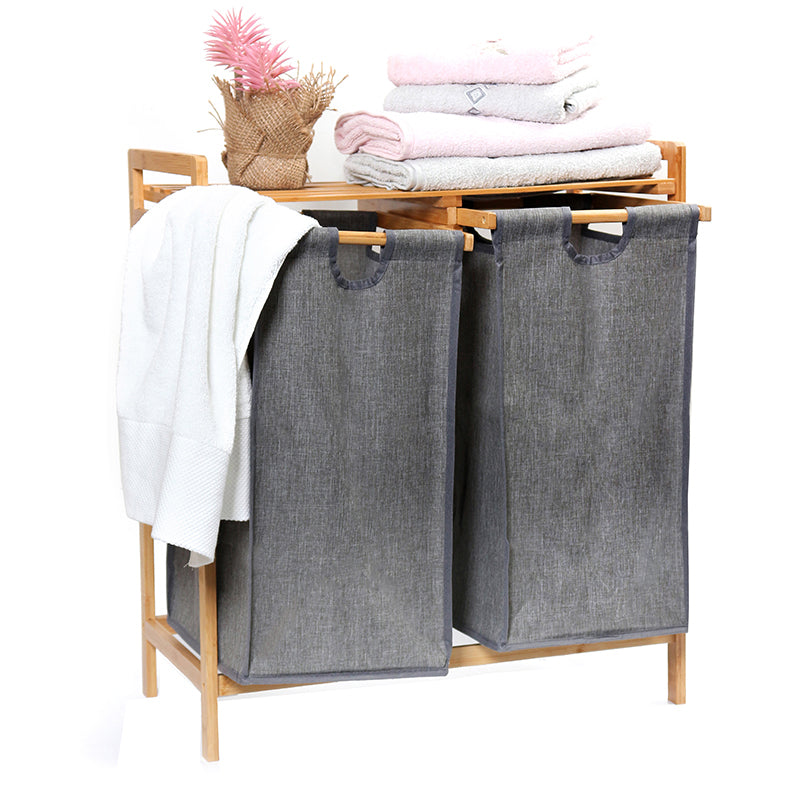 73 CM Bamboo Laundry Hamper with Dual Compartments Storage and Organizer Baskets with Removable Sliding Bag and Top Shelf for Bathroom and Bedroom - Medaid International