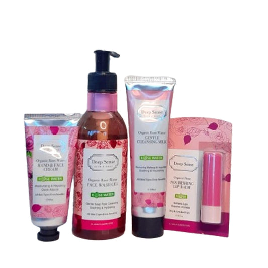 Organic Rose Water Face Wash Gel + Organic Rose Water Hand Face Moisturizing Cream + Organic Rose Water Cleansing Milk + Organic Rose Water Lip Balm - Medaid