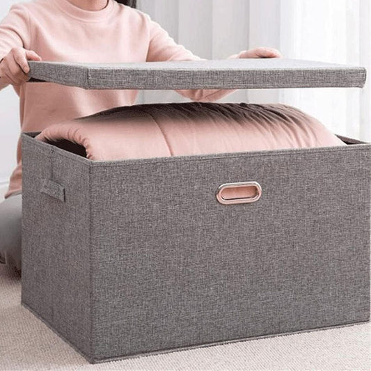 60 CM Foldable Fabric Storage Box with Lid Collapsible Bin with Handles Multipurpose Closet Organizer Basket for Clothes Toys Towels and Blankets Gray - Medaid