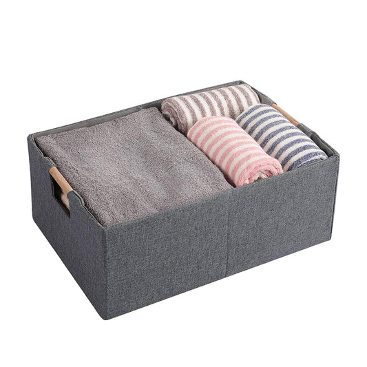 42 CM Foldable Fabric Storage Box with Wooden Handles Multipurpose Collapsible Closet Organizer Bins for Clothes Toys Towels and Blankets Gray - Medaid International