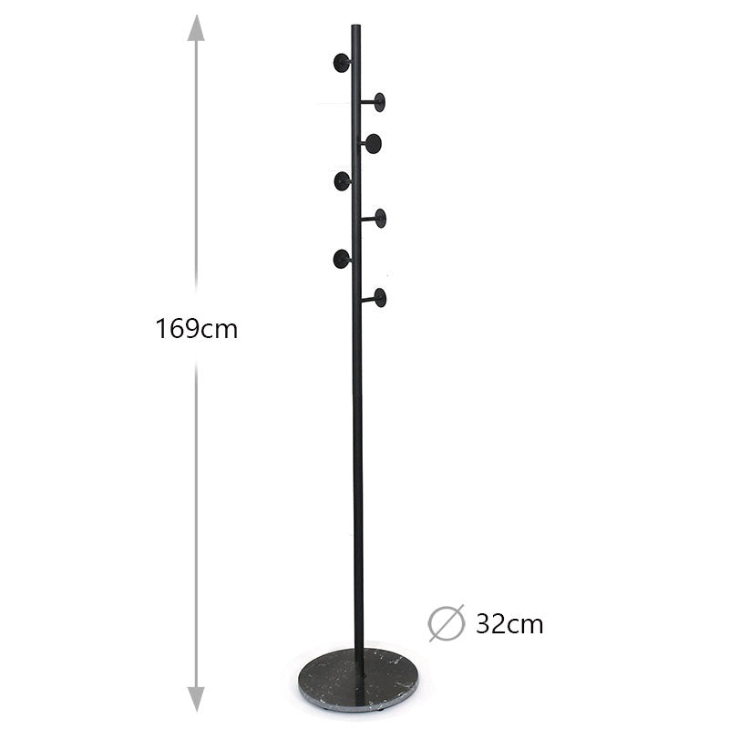 169 CM Freestanding Metal Coat Rack Stand with Stable Marble Base Clothes Hanger Stand with 7 Hooks Coat Racks for Hats Scarves Handbags Black - Medaid