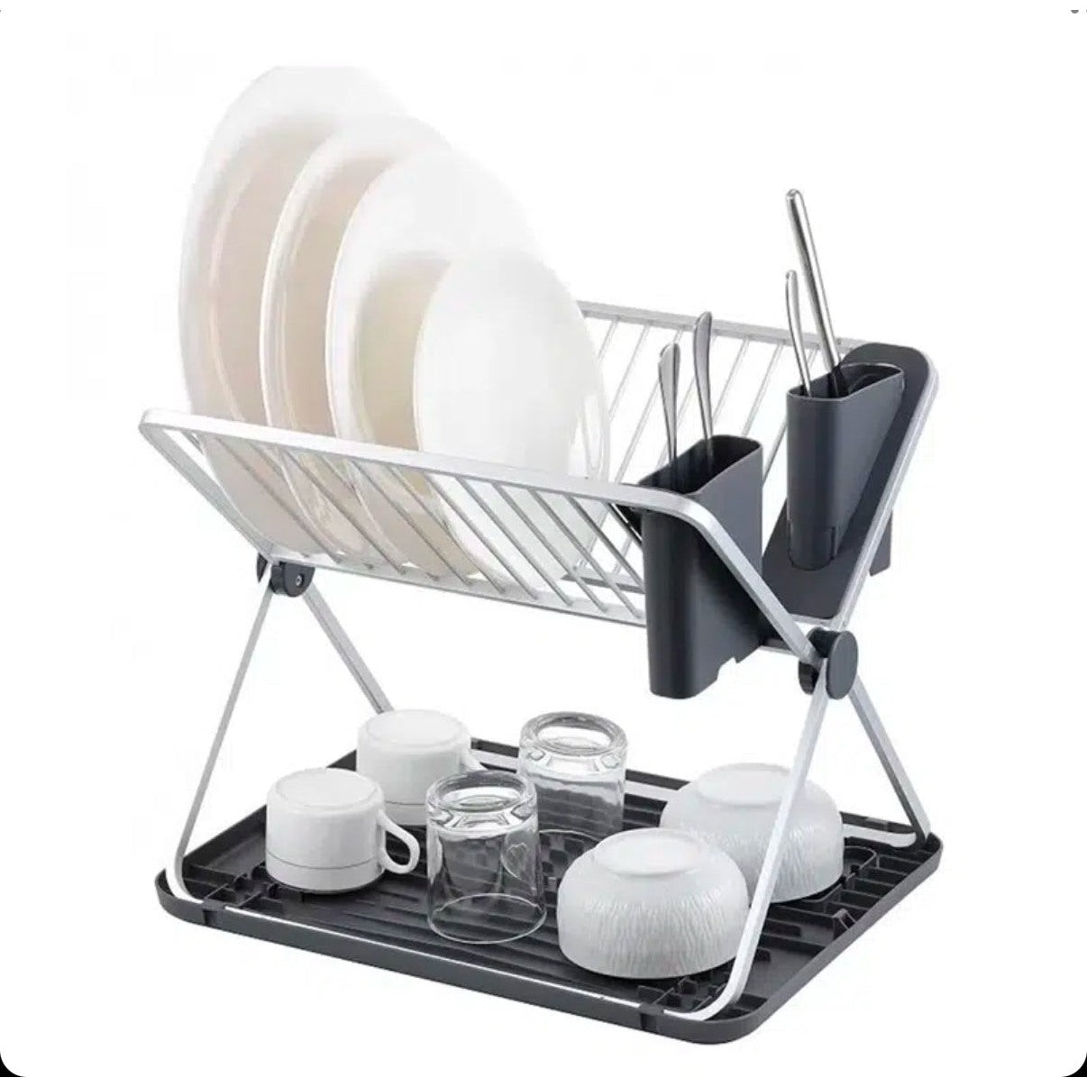 41 CM Foldable Dish Drying Rack Holder Aluminum Dish Drainer Tray with Glass and Cutlery Holder Dish Drainer Storage Organizer for Plates Cups Spoons - Medaid