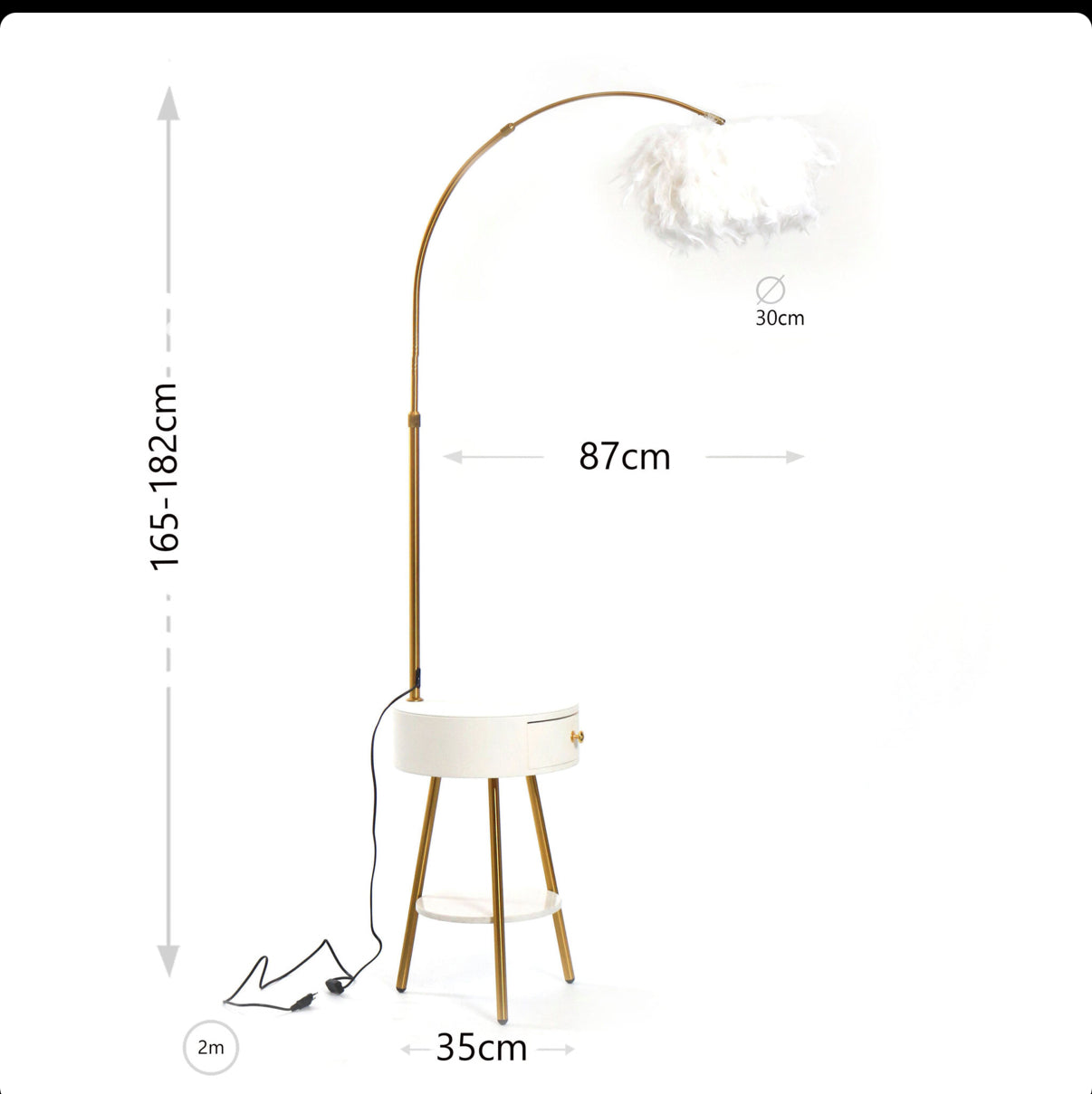 Modern End Table Feather Arched Floor Lamp with Shelves and Drawer for Living Room Bedroom - Medaid International
