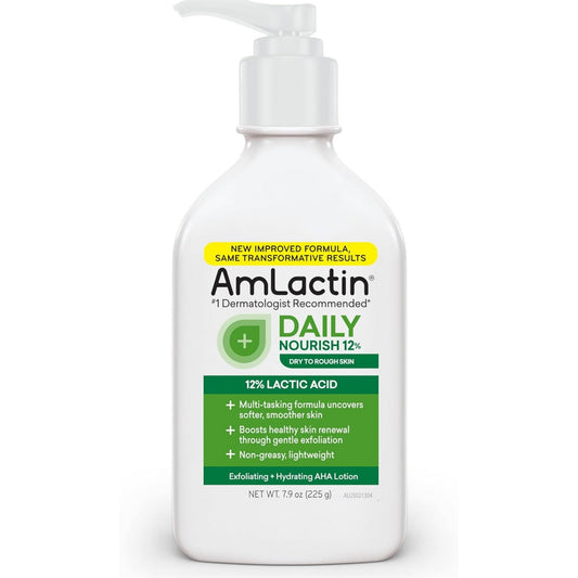 AmLactin Daily Moisturizing Lotion for Dry Skin, 7.9 oz Pump Bottle, 2-in-1 Exfoliator - Body Lotion with 12% Lactic Acid, Dermatologist-Recommended (Packaging May Vary) - Medaid International