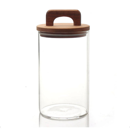 24 CM Borosilicate Glass Food Storage Container with Airtight Wooden Lid and Silicone Ring for Coffee Flour Sugar Spices Dishwasher Safe - Medaid