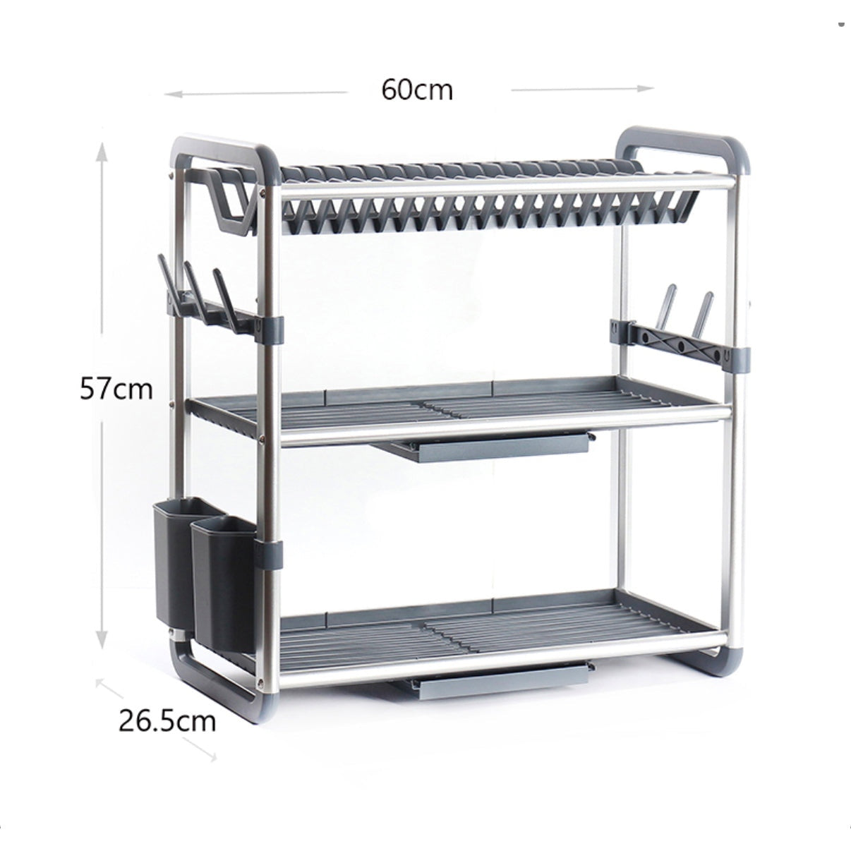 3 Tier Aluminum Dish Drying Rack with Removable Drainboard Multifunctional Dish Racks with Utensil Holder and Cup Holder Silver - Medaid