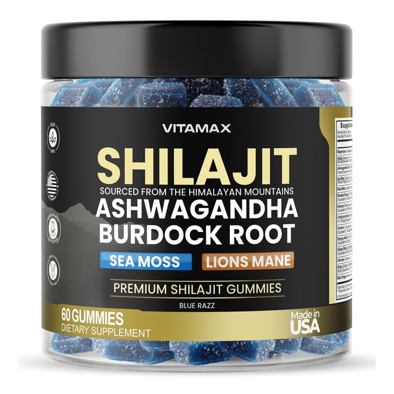 Organic Shilajit Gummies, Sea Moss, Ashwagandha, 105+ Trace Minerals – Organic Burdock Root & Lions Mane Mushroom - Blue Razz – Vegan & Non-GMO – Made in USA – 60ct - Medaid