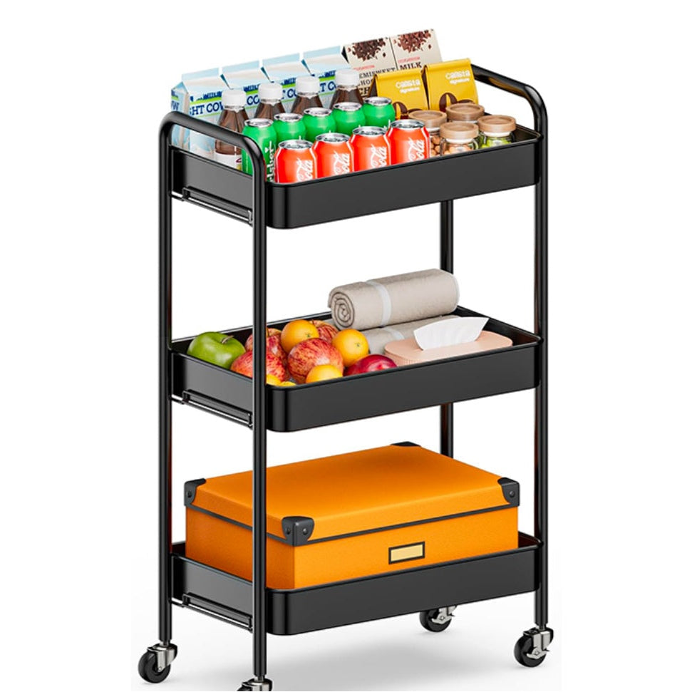 3 Tier Metal Rolling Cart with Wheels Movable Hand Trucks Storage Cart Multipurpose Organizer Trolley for Home Kitchen Bathroom Black - Medaid