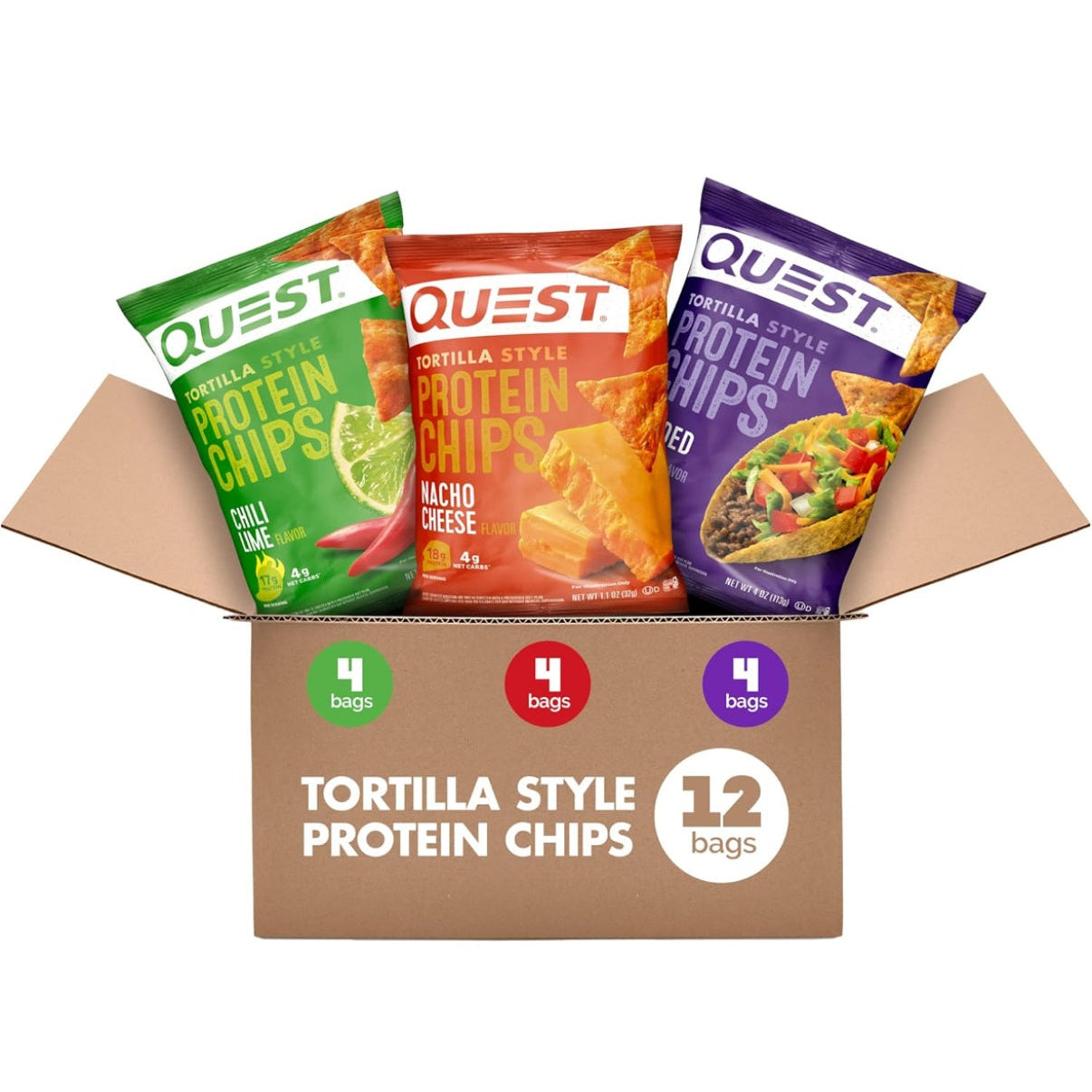 Quest Nutrition Tortilla Style Protein Chips Variety Pack, Chili Lime, Nacho Cheese, Loaded Taco, Low Carb, High Protein, Gluten Free, 1.1 oz (Pack of 12) - Medaid