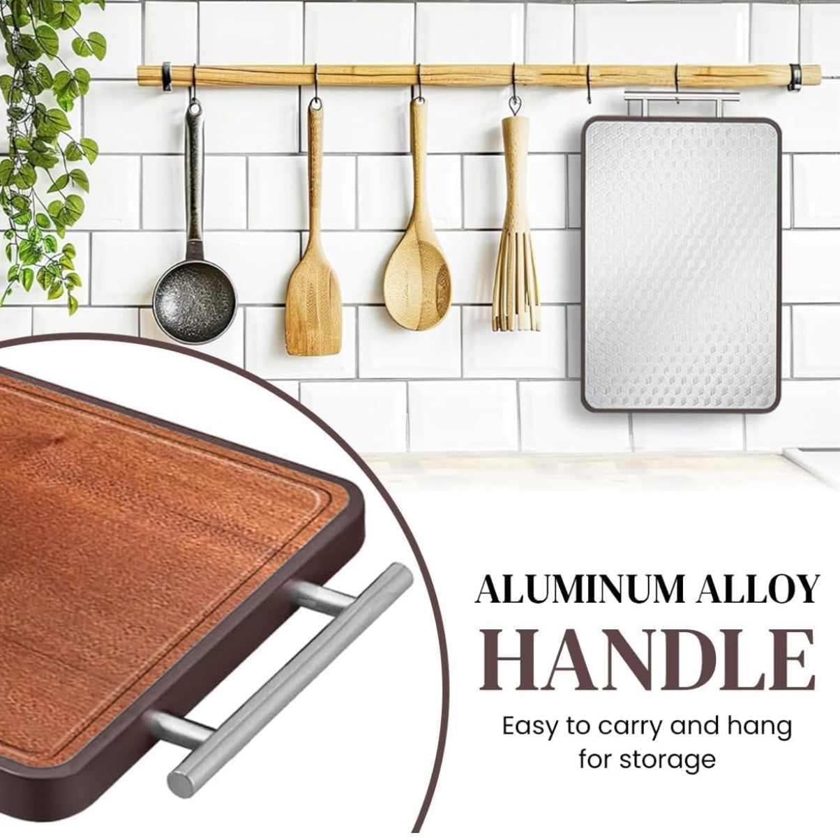 HASTHIP® Double Cutting Board, Stainless Steel Cutting Board, with Stainless Steel Handle Double Sided Premium Cutting Board, 30 * 42 cm Chopping Area Ebony Wood Cutting Board for Meat, Fruit, Deli - Medaid