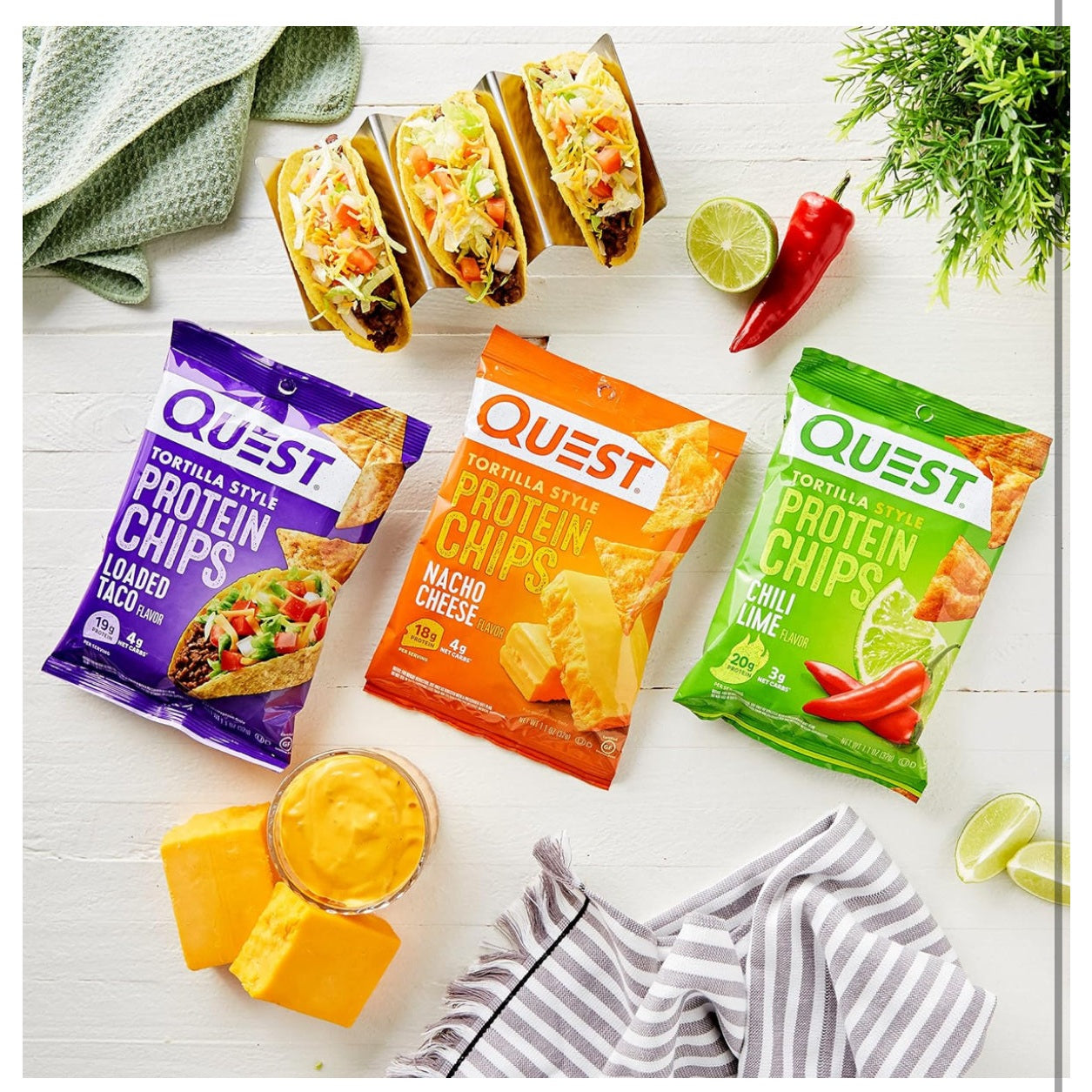 Quest Nutrition Tortilla Style Protein Chips Variety Pack, Chili Lime, Nacho Cheese, Loaded Taco, Low Carb, High Protein, Gluten Free, 1.1 oz (Pack of 12) - Medaid