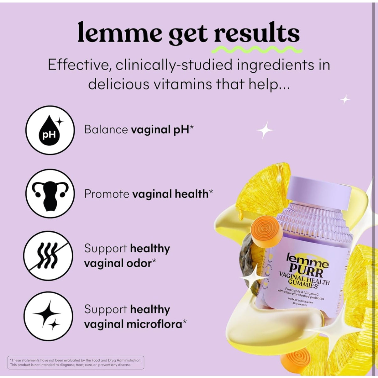 Lemme Purr Vaginal Probiotic Gummies for Women - Balanced pH, Healthy Odor, Yeast Balance & Flora Support + Vitamin C for Immune Health - Tasty Pineapple (60 Count) - Medaid