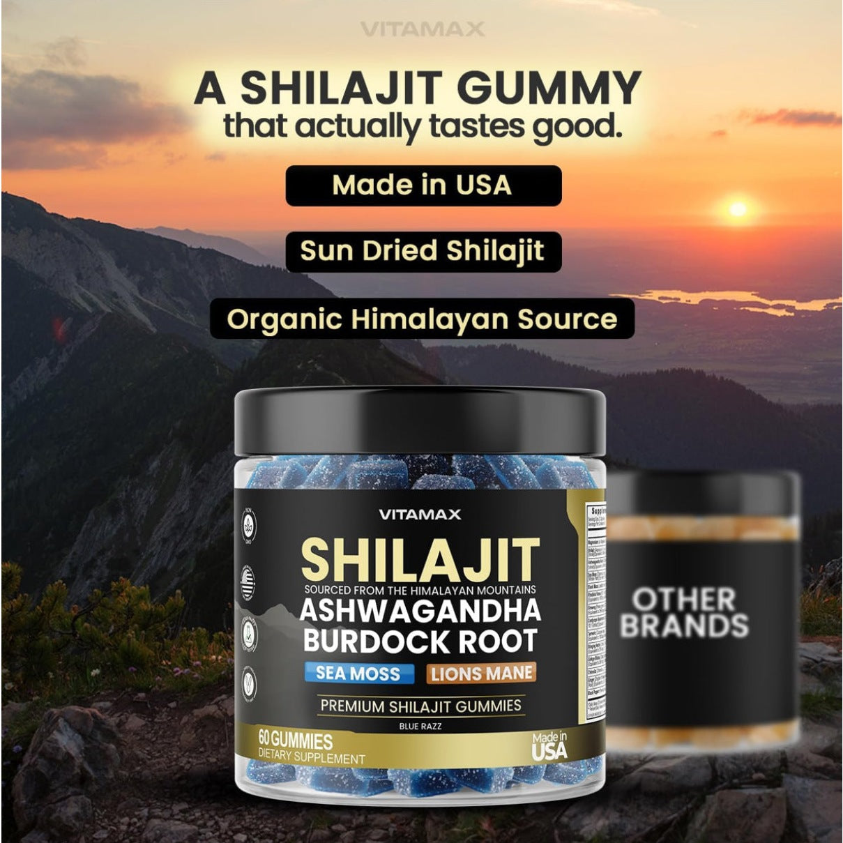 Organic Shilajit Gummies, Sea Moss, Ashwagandha, 105+ Trace Minerals – Organic Burdock Root & Lions Mane Mushroom - Blue Razz – Vegan & Non-GMO – Made in USA – 60ct - Medaid