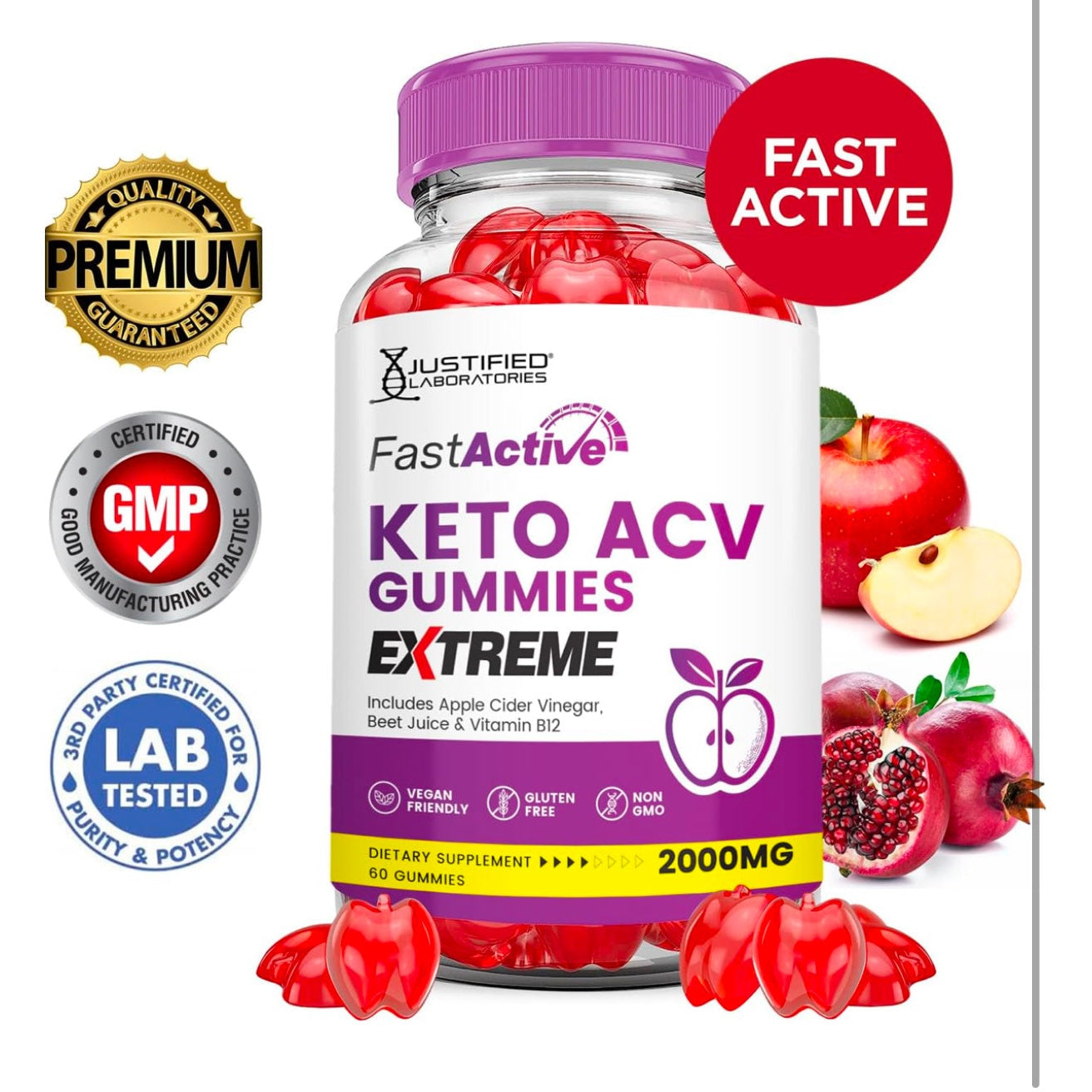 Fast Active Keto ACV Gummies Extreme 2000MG Fastactive Keto Gummies Apple Cider Vinegar Formulated with Pomegranate Beet Juice Powder B12 Vegan Non GMO 60 Gummys - Medaid