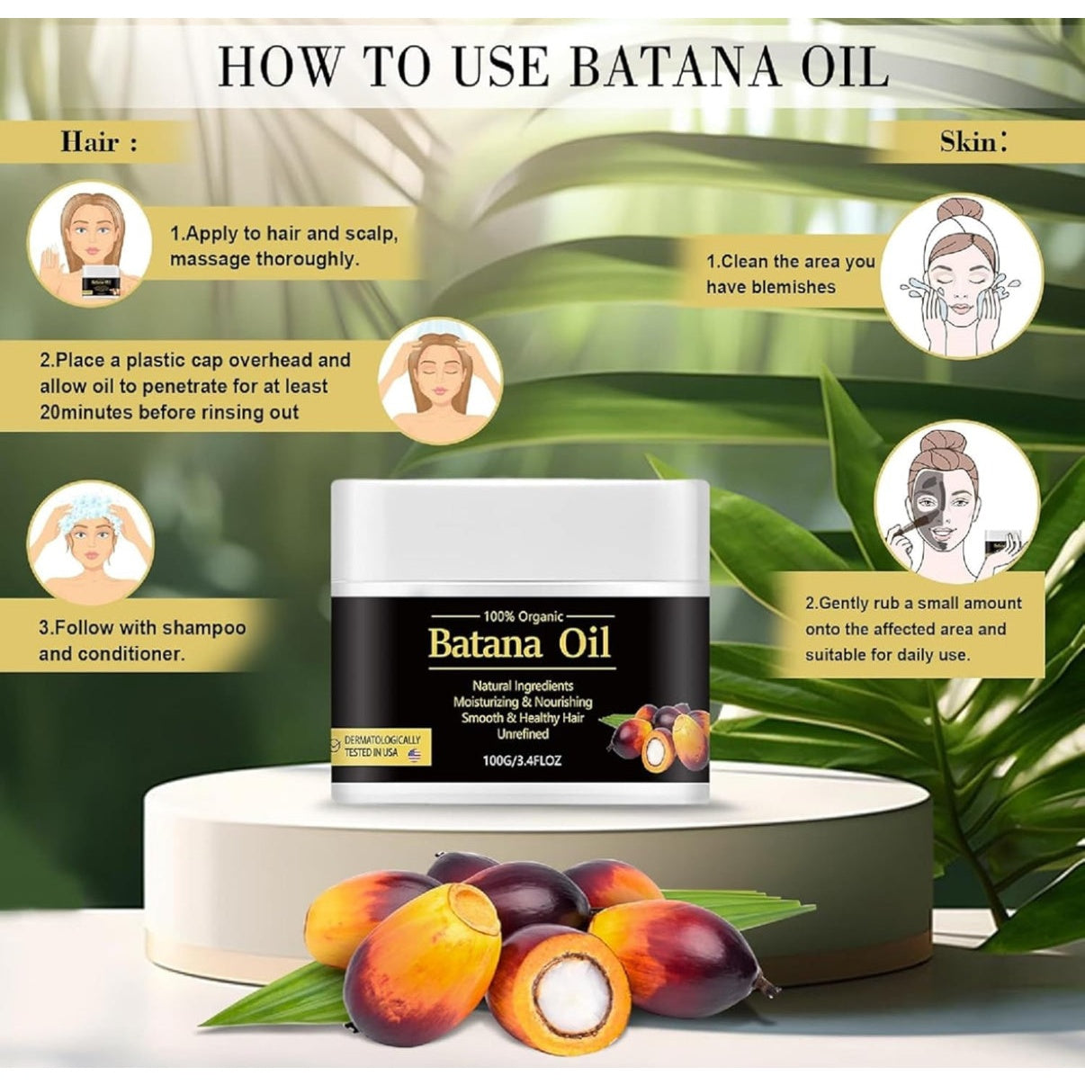 Batana Oil for Hair Growth and Nourishment (100G), Natural Batana Oil to Prevent Hair Loss, Eliminates Split Ends for Men and Women - 100g - Medaid