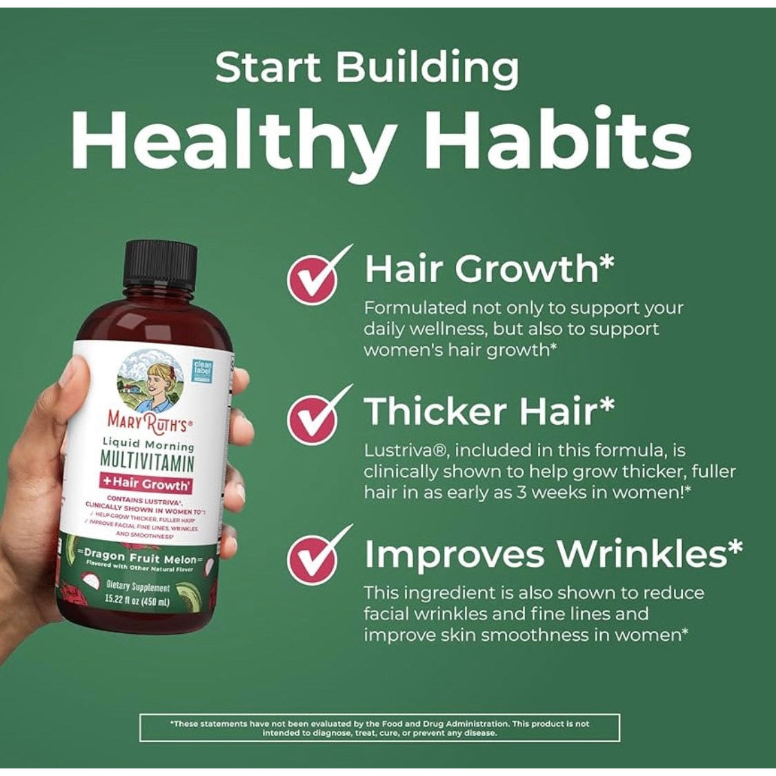 MaryRuth's Liquid Multivitamin + Hair Growth | Biotin 10000mcg | Lustriva Hair Growth Supplement | Clinically Tested in Women for Thicker Hair & Facial Wrinkle | Skin Care | Ages 18+ | 15.22 Fl Oz
