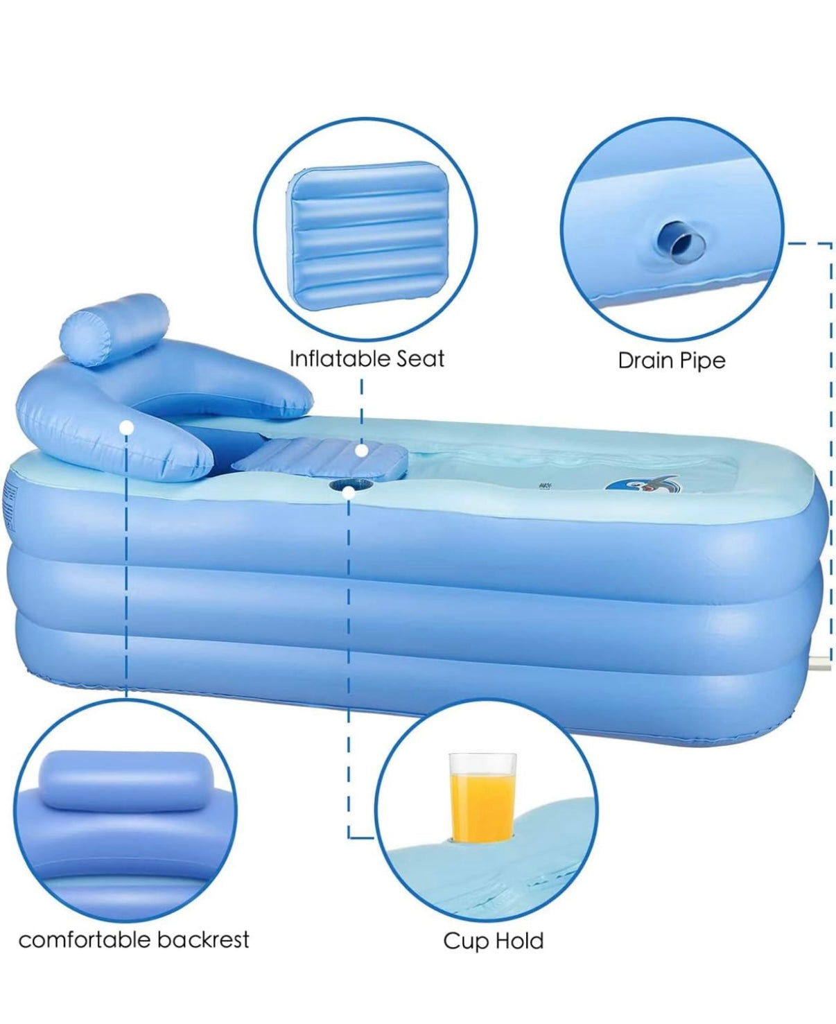 Angju Inflatable Adult Bath Tub, Free-Standing Blow Up Bathtub with Foldable Portable Feature for Adult Spa with Electric Air Pump (High-Density PVC) - Medaid