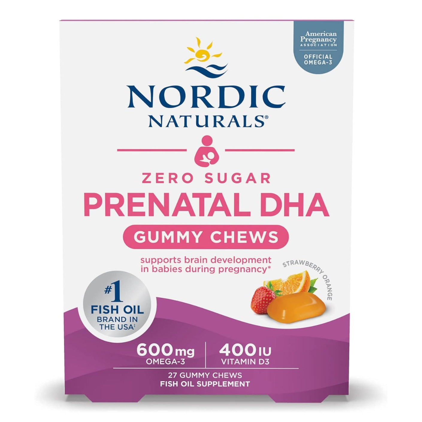 Nordic Naturals Zero Sugar DHA Prenatal Vitamin Gummies, Strawberry Orange Flavor - 27 Gummies - Supplements for Pregnancy - 600 mg Omega-3 Fish Oil and 400 IU Vitamin D3-27 Servings - Medaid