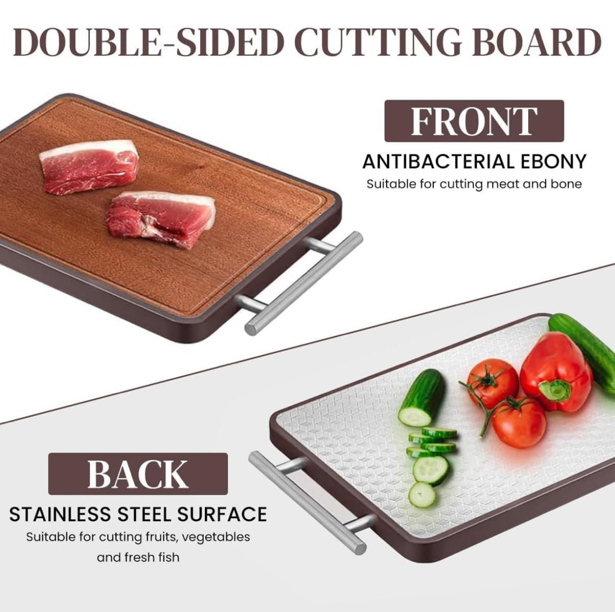 HASTHIP® Double Cutting Board, Stainless Steel Cutting Board, with Stainless Steel Handle Double Sided Premium Cutting Board, 30 * 42 cm Chopping Area Ebony Wood Cutting Board for Meat, Fruit, Deli - Medaid