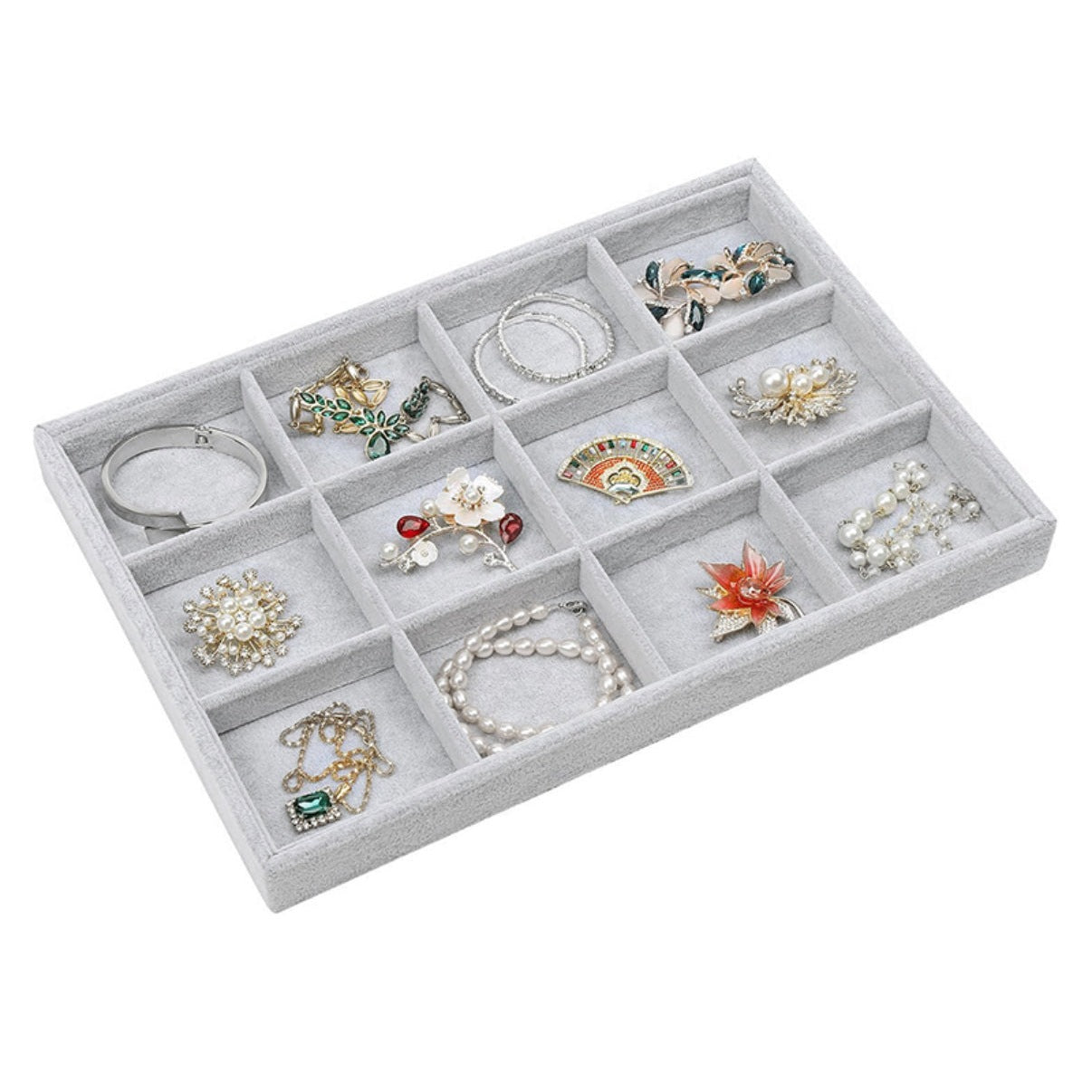 12 Compartments Velvet Jewelry Organizer Tray for Drawers Stackable Jewelry Display Trays for Rings Earrings Bangles Bracelets Silver - Medaid