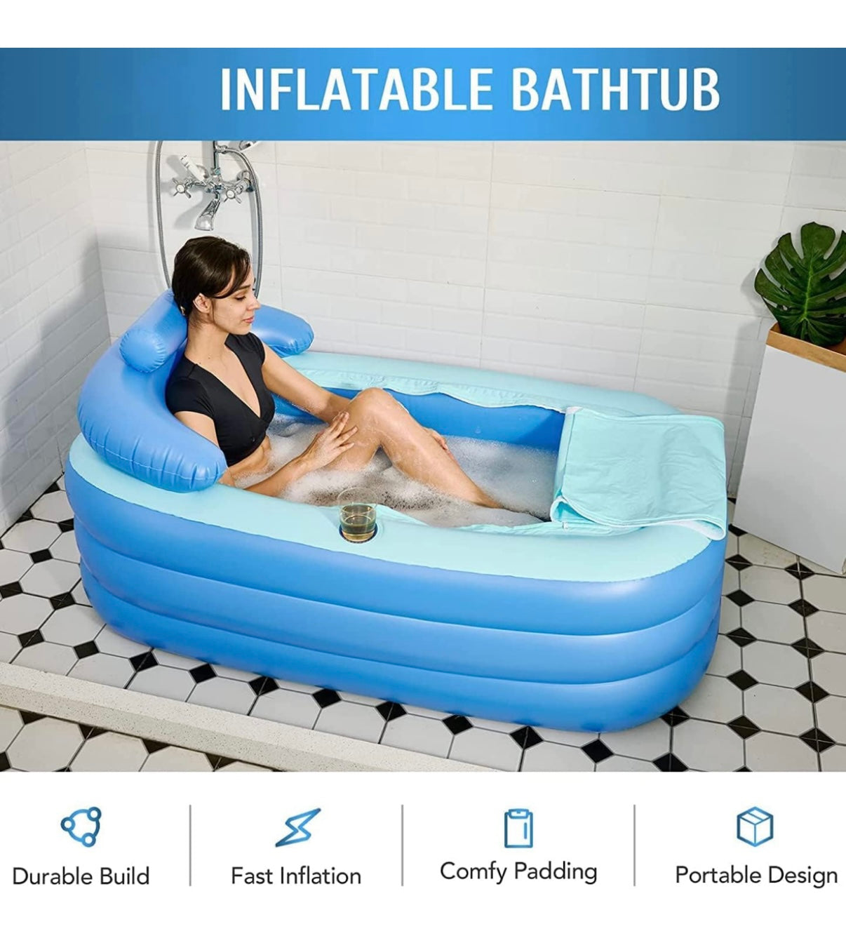 Angju Inflatable Adult Bath Tub, Free-Standing Blow Up Bathtub with Foldable Portable Feature for Adult Spa with Electric Air Pump (High-Density PVC) - Medaid