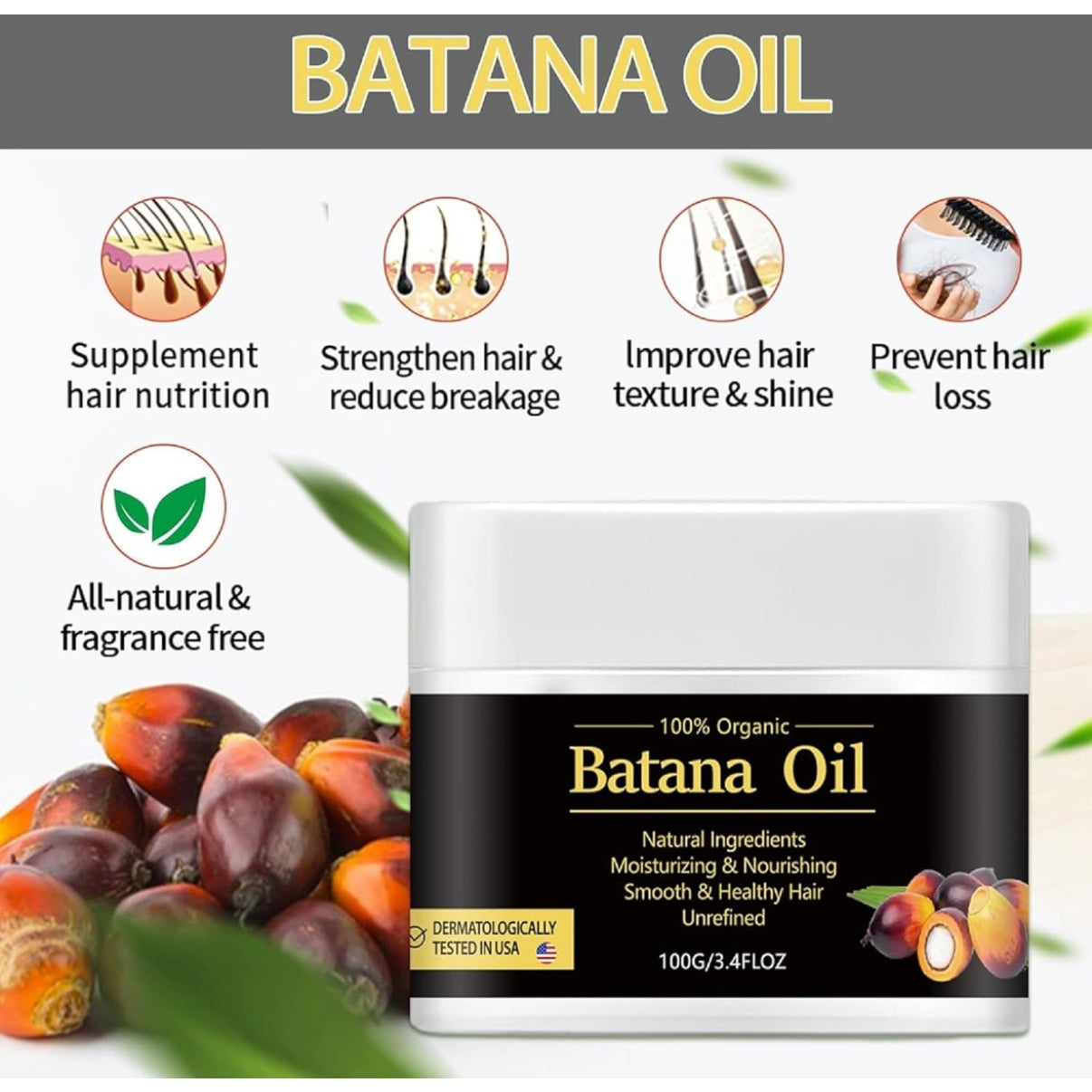 Batana Oil for Hair Growth and Nourishment (100G), Natural Batana Oil to Prevent Hair Loss, Eliminates Split Ends for Men and Women - 100g - Medaid