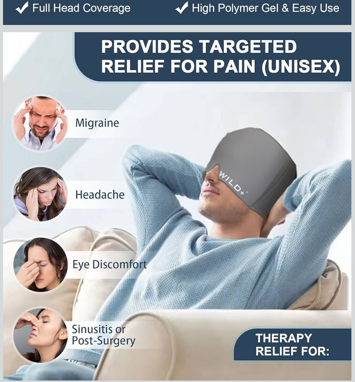 WILD+ Headache Relief Cap, Migraine Relief Cap, Reusable Migraine Relief Cap, Heat Cold Compress Wrap Ice Hat Migraine, Ice Cap for Migraines Used for Sinusitis/Tension/Stress/Puffy Eye（Gray） - Medaid International