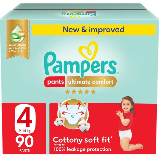 Pampers Ultimate Comfort Pants Diapers, Size 4, 9-14kg, Lotion infused with Aloe Vera and Vitamin E, Cottony Soft Fit for up to 100% Leakage Protection, Giant Box, 90 Count - Medaid International