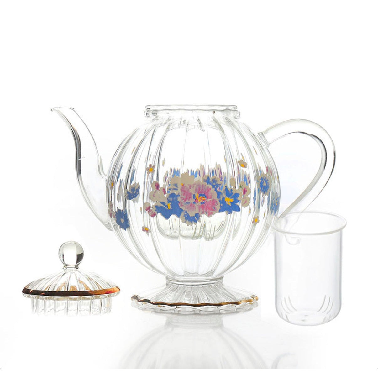 500 ML Flower Design Teapot Glass Striped Shape with Handle and Removable Infuser Transparent Glass Teapot for Tea Coffee and Milk - Medaid