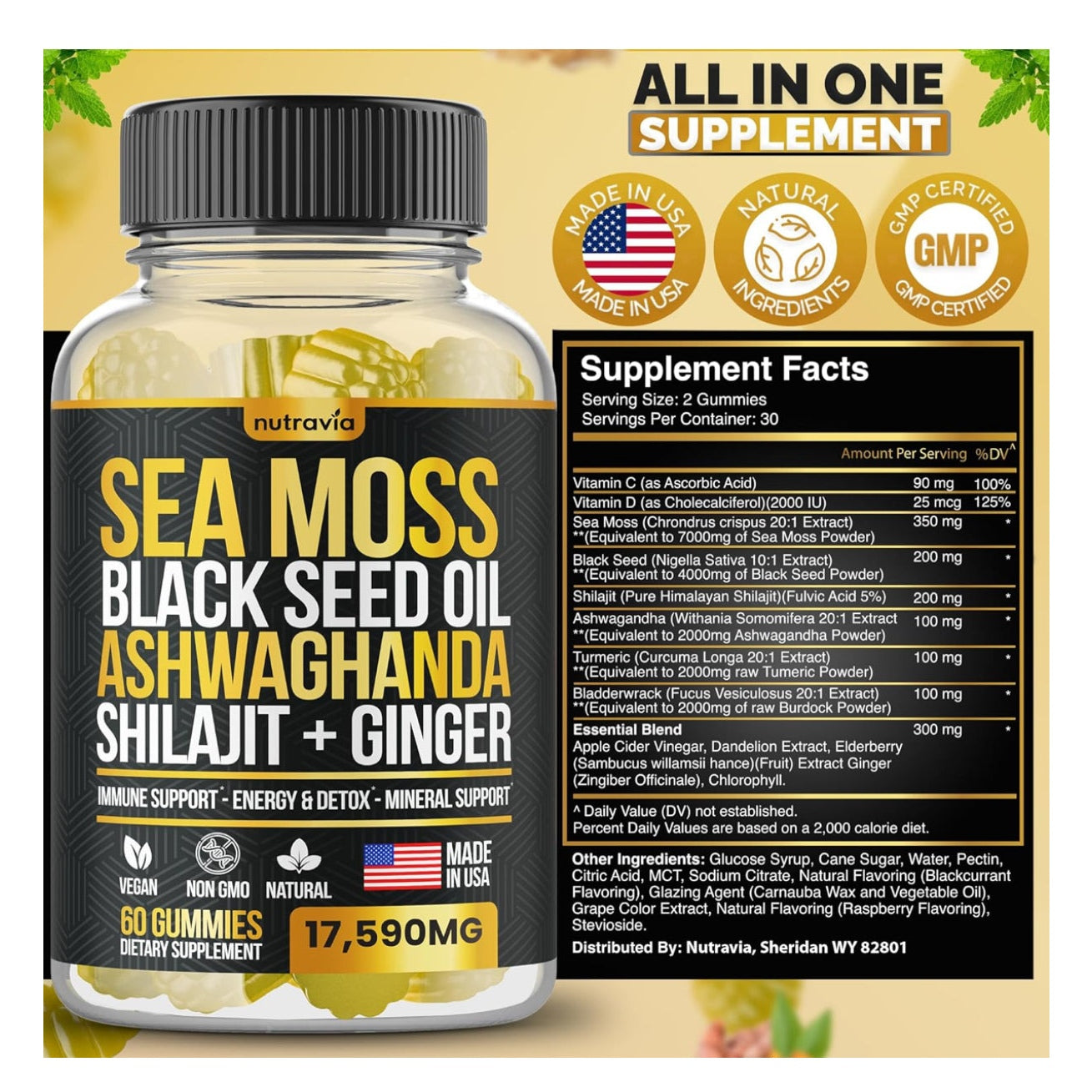 Sea Moss, Black Seed Oil, Ashwagandha, Ginger, Shilajit Gummies with Elderberry, Chlorophyll, Turmeric, Bladderwrack 17590mg Advanced Strength Formula - All in 1 Bundle - Made in USA (60 Gummies) - Medaid