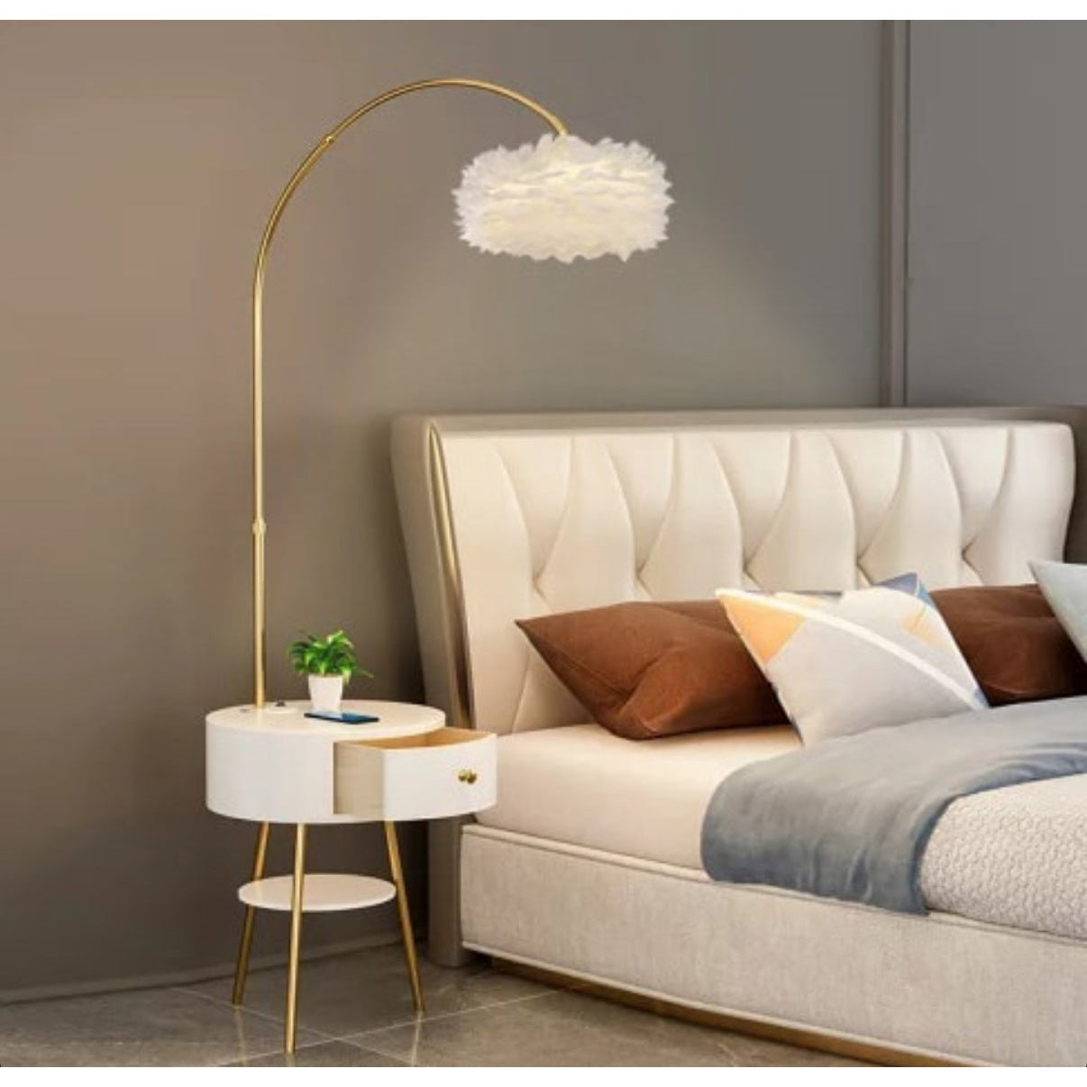 Modern End Table Feather Arched Floor Lamp with Shelves and Drawer for Living Room Bedroom - Medaid International