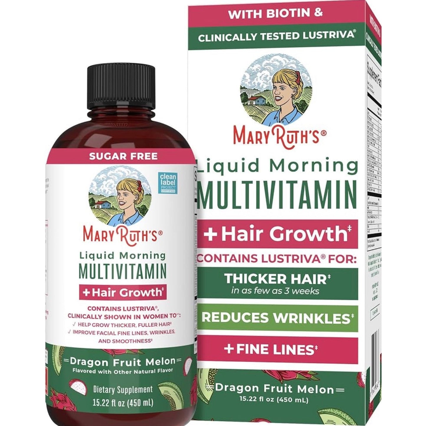 MaryRuth's Liquid Multivitamin + Hair Growth | Biotin 10000mcg | Lustriva Hair Growth Supplement | Clinically Tested in Women for Thicker Hair & Facial Wrinkle | Skin Care | Ages 18+ | 15.22 Fl Oz