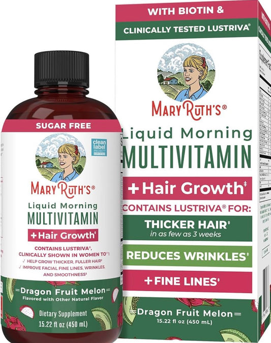 MaryRuth's Liquid Multivitamin + Hair Growth | Biotin 10000mcg | Lustriva Hair Growth Supplement | Clinically Tested in Women for Thicker Hair & Facial Wrinkle | Skin Care | Ages 18+ | 15.22 Fl Oz