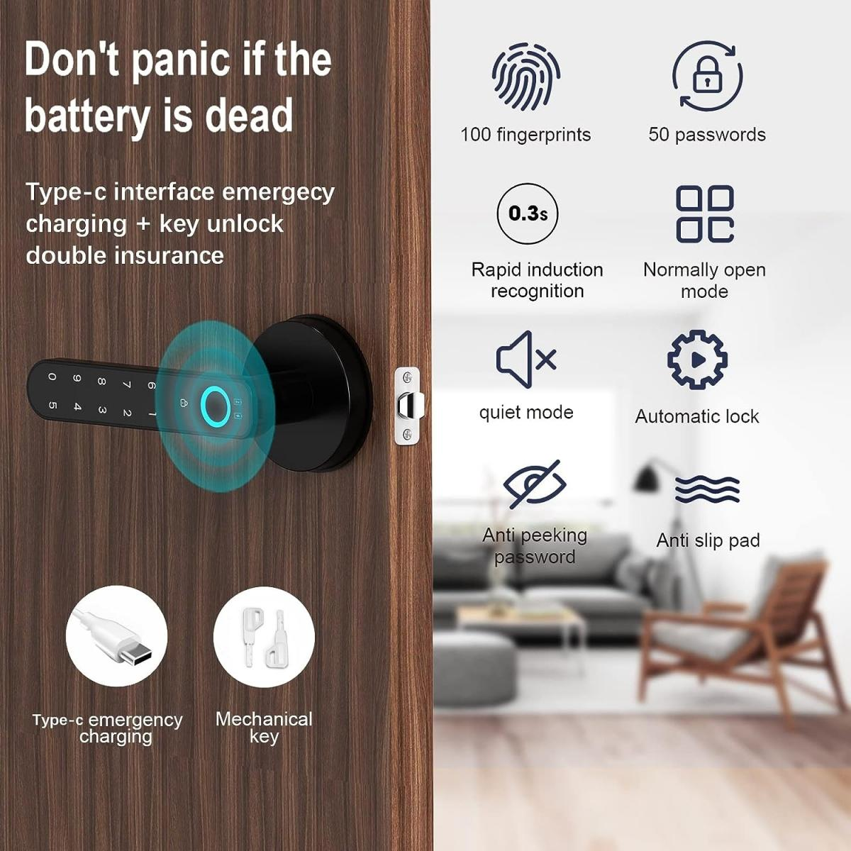 Fingerprint door lock, with password keyboard entry door handle - Medaid International