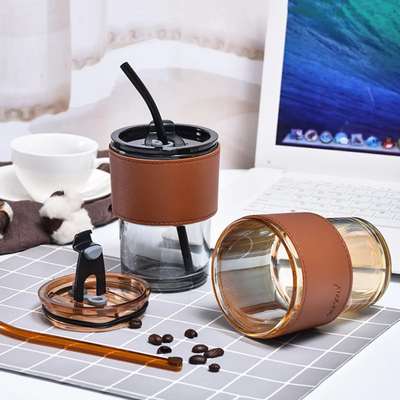 Coffee Mug Glass Tumbler With Silicone Straw and Lid 360 ml, Cup With Leather Sleeve - Medaid International