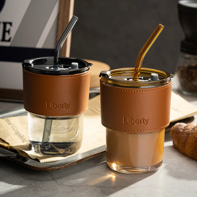 Coffee Mug Glass Tumbler With Silicone Straw and Lid 360 ml, Cup With Leather Sleeve - Medaid International