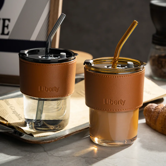 Coffee Mug Glass Tumbler With Silicone Straw and Lid 360 ml, Cup With Leather Sleeve - Medaid International