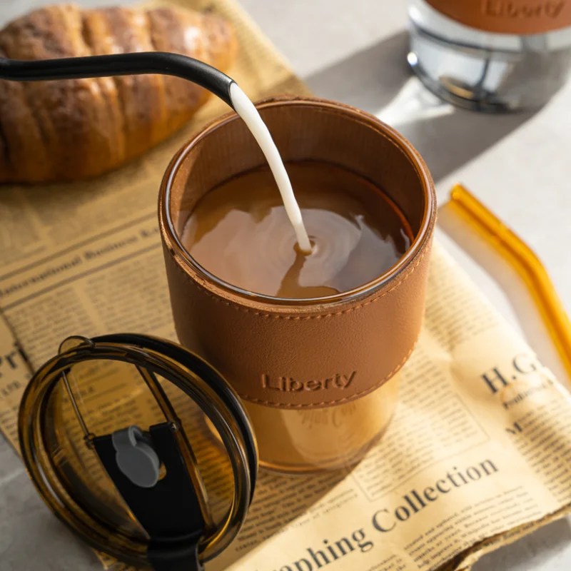 Coffee Mug Glass Tumbler With Silicone Straw and Lid 360 ml, Cup With Leather Sleeve - Medaid International