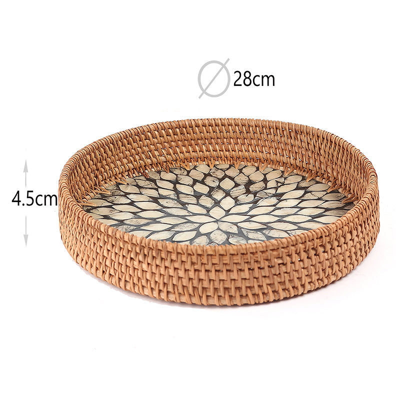 28 CM Handmade Round Rattan Tray with Black Shell Bottom Woven Serving Tray for Food Drink Snack Coffee Table Decor - Medaid - Lebanon