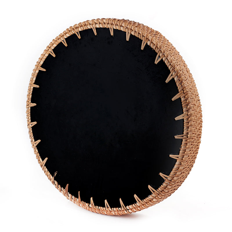 28 CM Handmade Round Rattan Tray with Black Shell Bottom Woven Serving Tray for Food Drink Snack Coffee Table Decor - Medaid - Lebanon