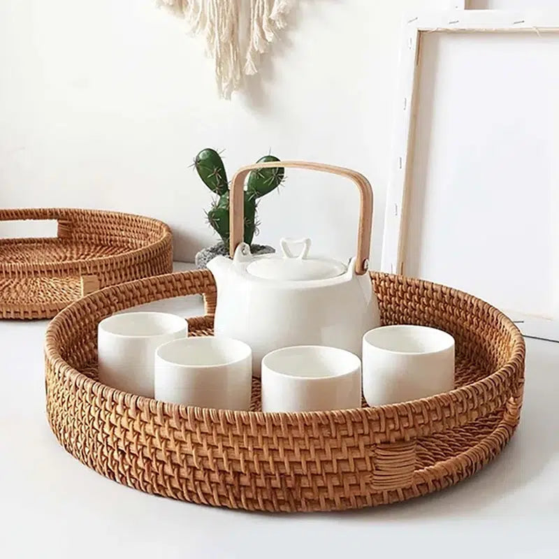 35 CM Handmade Round Rattan Tray with Handles Woven High Wall Serving Tray for Food Drink Cosmetics Coffee Table Decor - Medaid