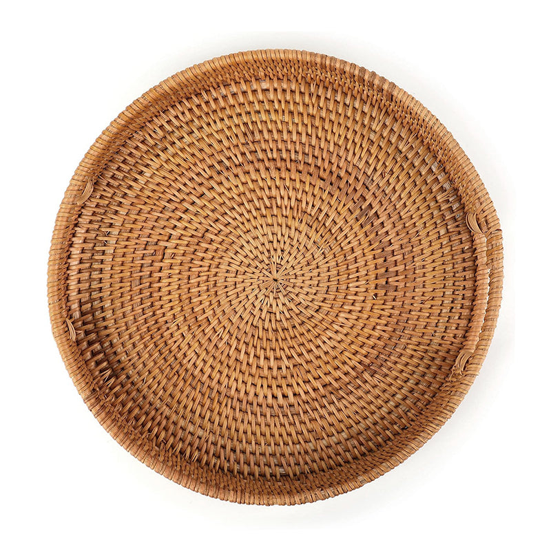 35 CM Handmade Round Rattan Tray with Handles Woven High Wall Serving Tray for Food Drink Cosmetics Coffee Table Decor - Medaid