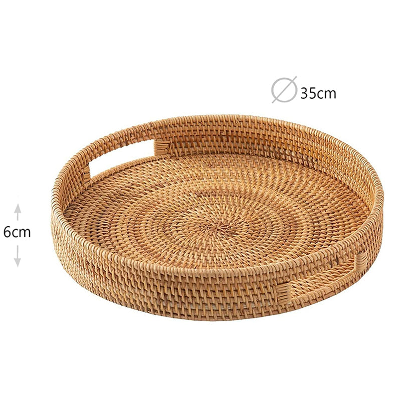 35 CM Handmade Round Rattan Tray with Handles Woven High Wall Serving Tray for Food Drink Cosmetics Coffee Table Decor - Medaid