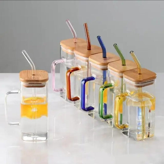 Coffee Can Shaped Glass Mug with lid and straw 540ml - Medaid International