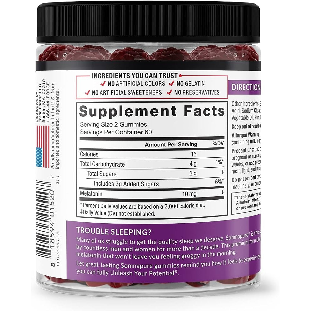 Force Factor Somnapure Gummies with Melatonin for Adults, Non-Habit-Forming Sleep Aid Supplement for Deep Sleep, Stay Asleep Longer, Wake Up Refreshed, Dream Berry Flavor - Medaid - Lebanon